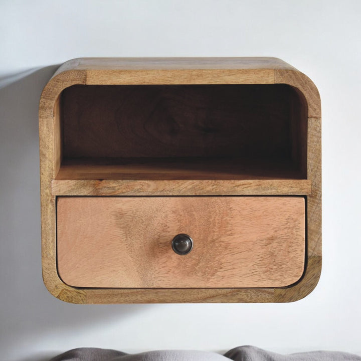 Brown Lacquered Chestnut Solid Mango Wood Extra Mini Wall-Mounted Oak-ish Bedside with 2 Drawers