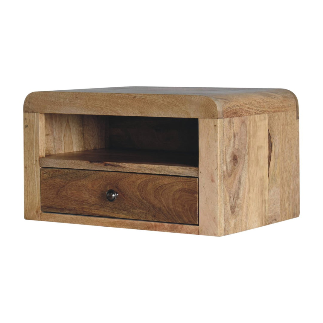 Brown Lacquered Chestnut Solid Mango Wood Chunky Floating Bedside with 1 Drawer & 2 Open Compartments