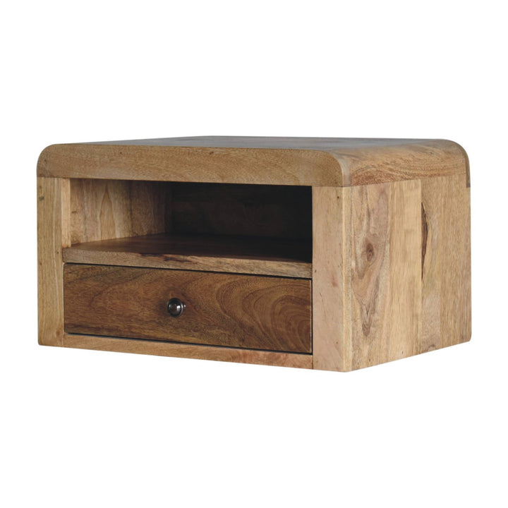 Brown Lacquered Chestnut Solid Mango Wood Chunky Floating Bedside with 1 Drawer & 2 Open Compartments