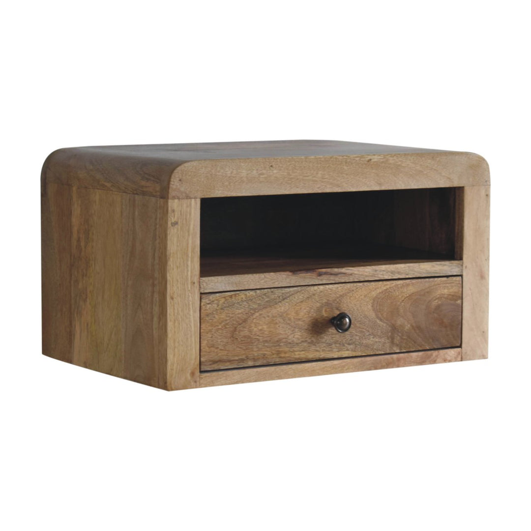Brown Lacquered Chestnut Solid Mango Wood Chunky Floating Bedside with 1 Drawer & 2 Open Compartments