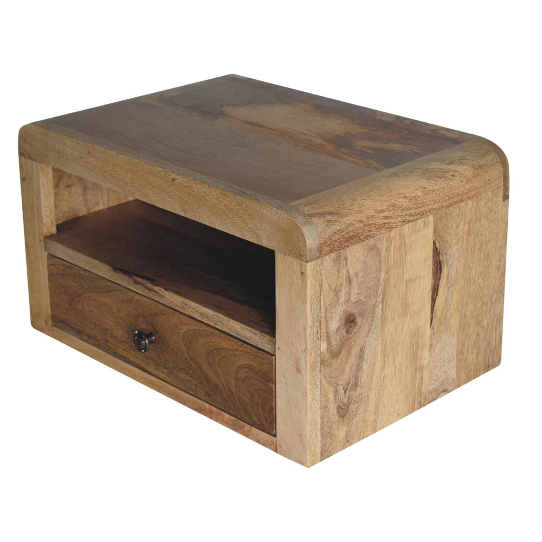 Brown Lacquered Chestnut Solid Mango Wood Chunky Floating Bedside with 1 Drawer & 2 Open Compartments