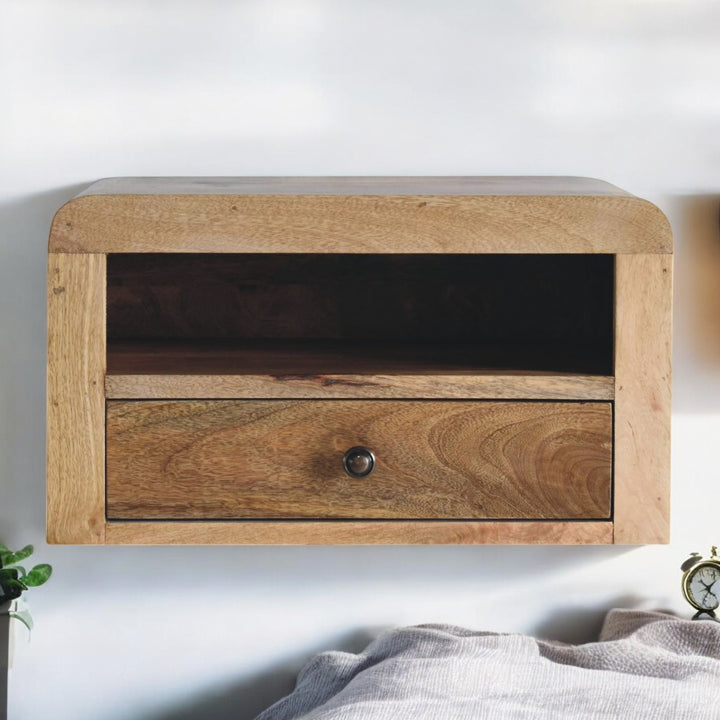 Brown Lacquered Chestnut Solid Mango Wood Chunky Floating Bedside with 1 Drawer & 2 Open Compartments