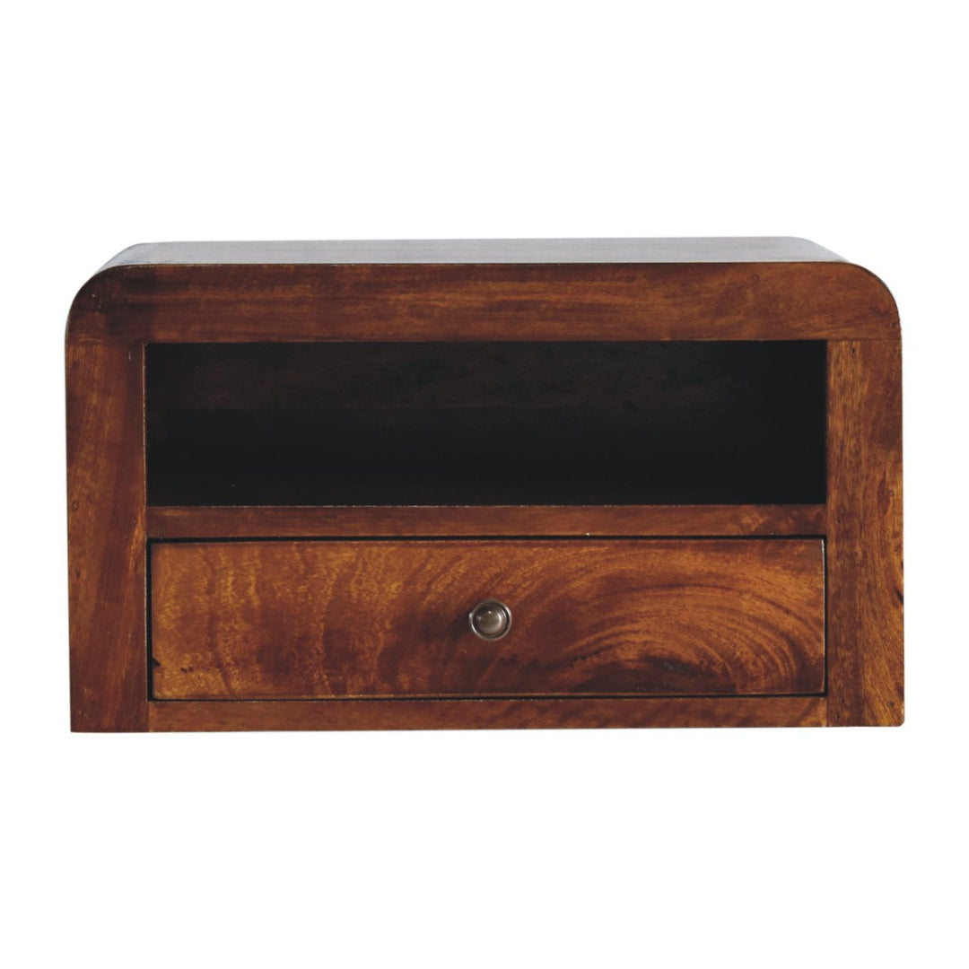Brown Lacquered Chestnut Solid Mango Wood Wall-Mounted Thick Drawer Nightstand with Capsule Design