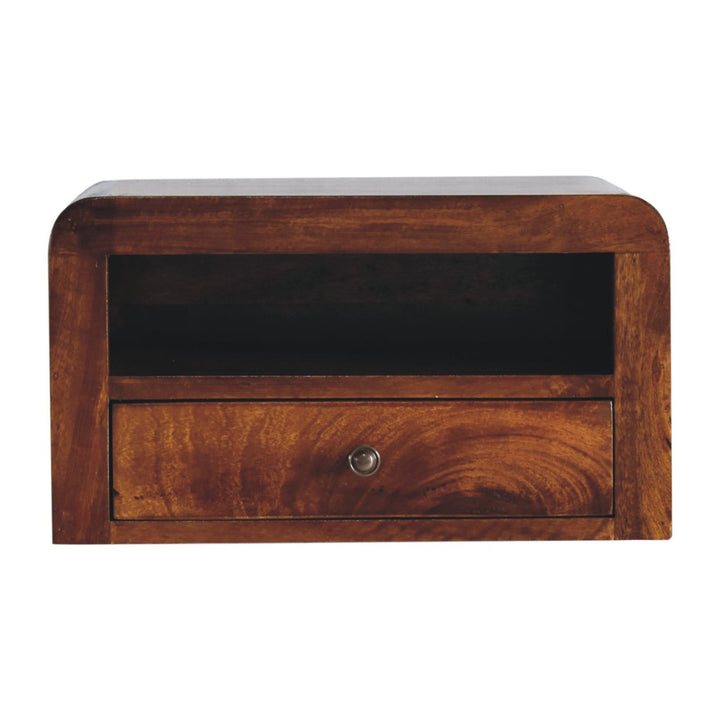 Brown Lacquered Chestnut Solid Mango Wood Wall-Mounted Thick Drawer Nightstand with Capsule Design