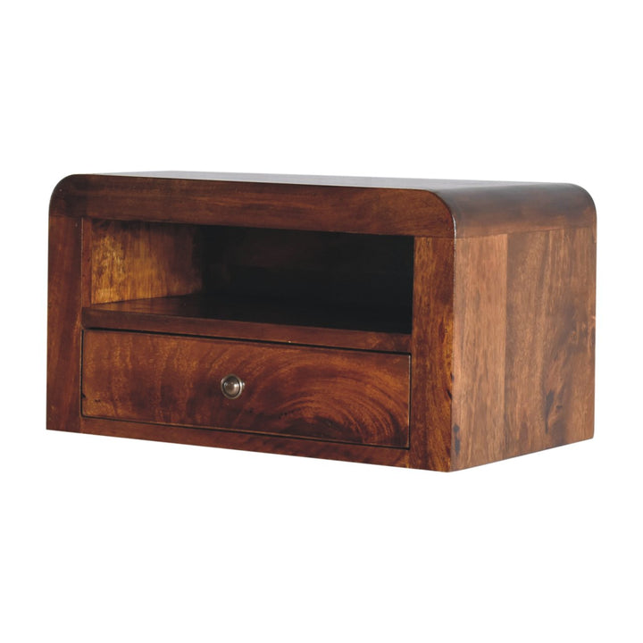 Brown Lacquered Chestnut Solid Mango Wood Wall-Mounted Thick Drawer Nightstand with Capsule Design