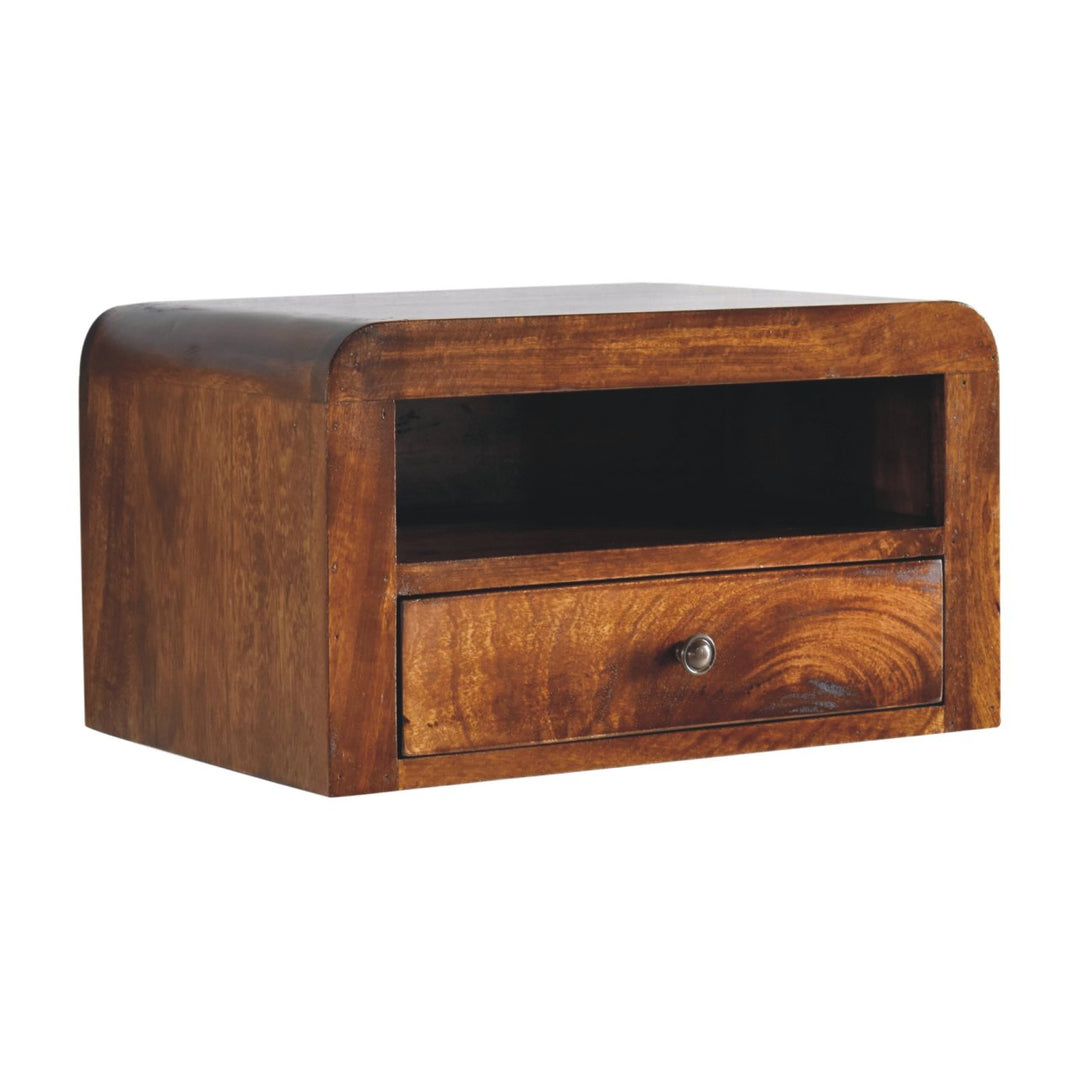 Brown Lacquered Chestnut Solid Mango Wood Wall-Mounted Thick Drawer Nightstand with Capsule Design