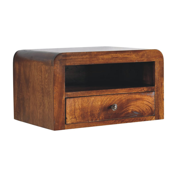 Brown Lacquered Chestnut Solid Mango Wood Wall-Mounted Thick Drawer Nightstand with Capsule Design