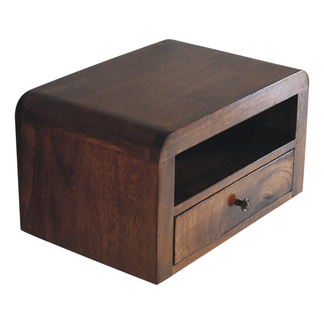 Brown Lacquered Chestnut Solid Mango Wood Wall-Mounted Thick Drawer Nightstand with Capsule Design