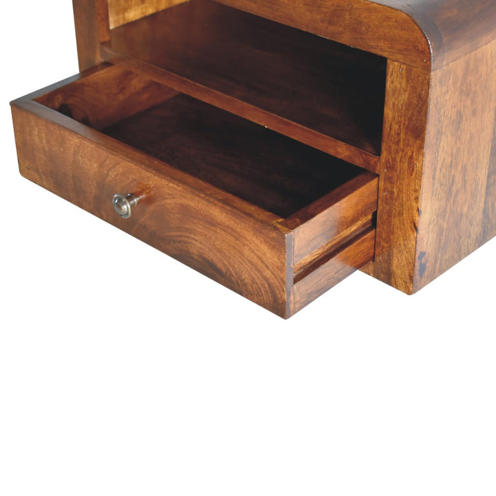 Brown Lacquered Chestnut Solid Mango Wood Wall-Mounted Thick Drawer Nightstand with Capsule Design