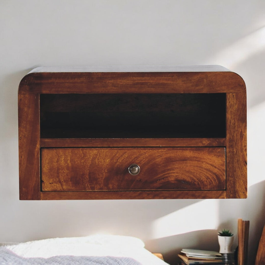 Brown Lacquered Chestnut Solid Mango Wood Wall-Mounted Thick Drawer Nightstand with Capsule Design