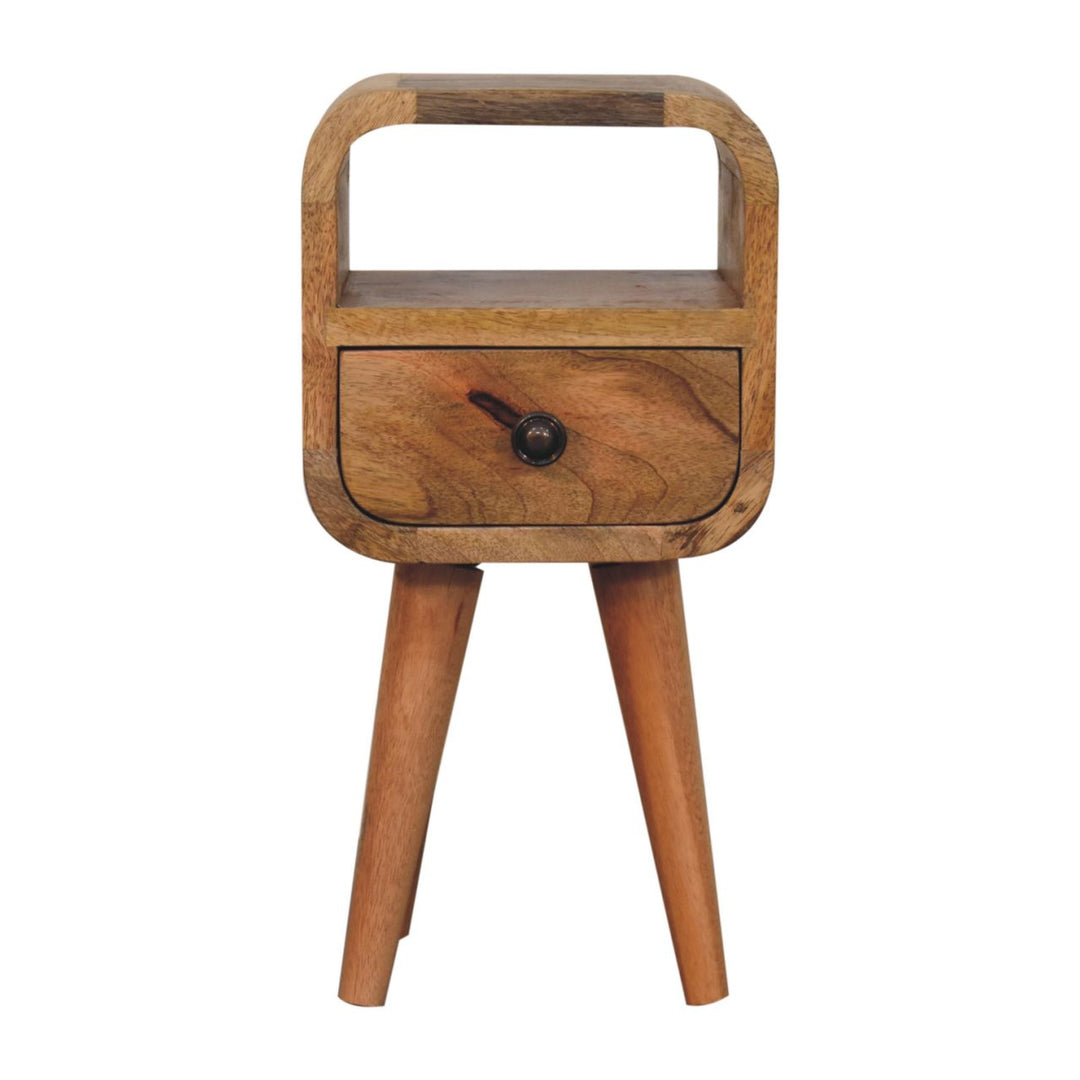 Brown Oak-Ish Solid Mango Wood Extra Mini Curve Open Slot Bedside Table with Drawer