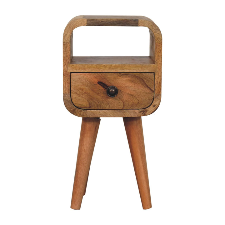 Brown Oak-Ish Solid Mango Wood Extra Mini Curve Open Slot Bedside Table with Drawer