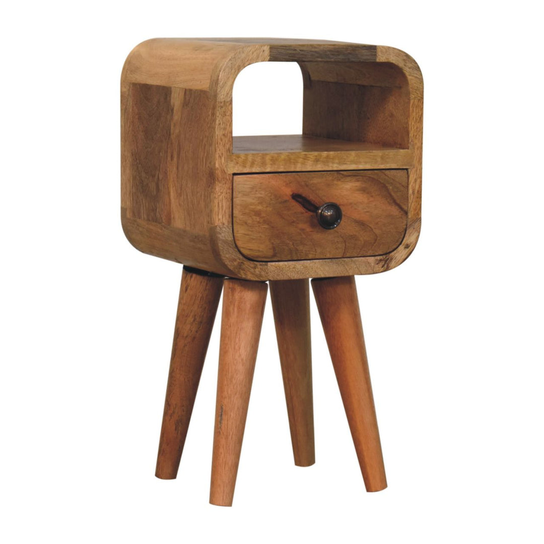 Brown Oak-Ish Solid Mango Wood Extra Mini Curve Open Slot Bedside Table with Drawer