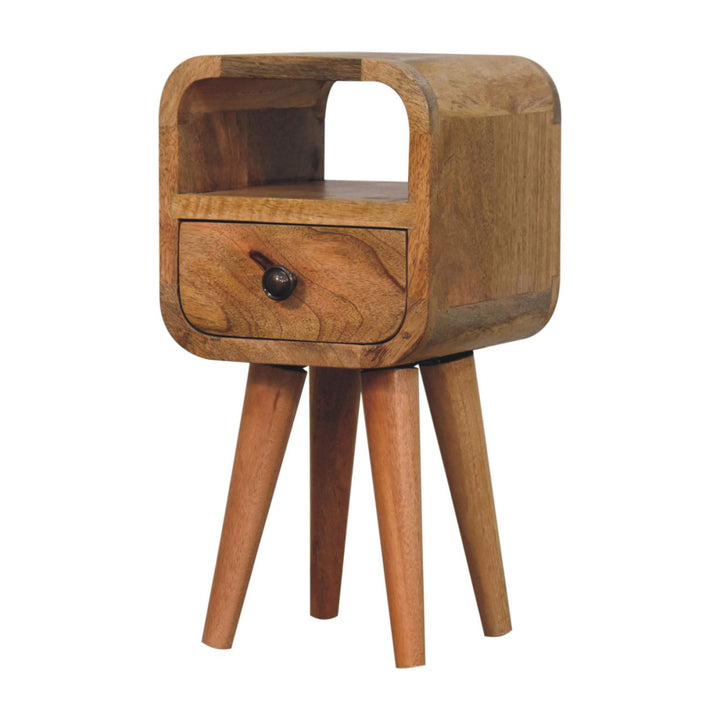 Brown Oak-Ish Solid Mango Wood Extra Mini Curve Open Slot Bedside Table with Drawer