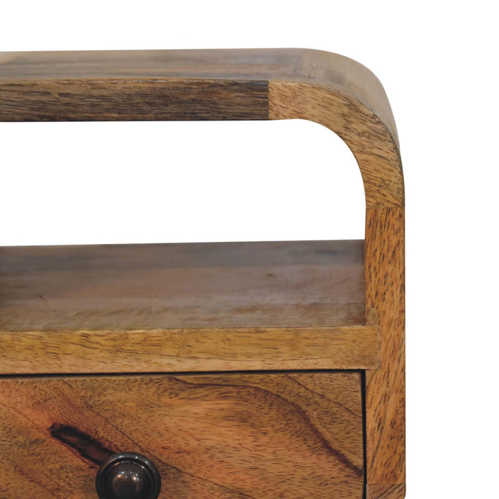Brown Oak-Ish Solid Mango Wood Extra Mini Curve Open Slot Bedside Table with Drawer