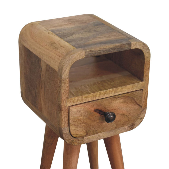 Brown Oak-Ish Solid Mango Wood Extra Mini Curve Open Slot Bedside Table with Drawer