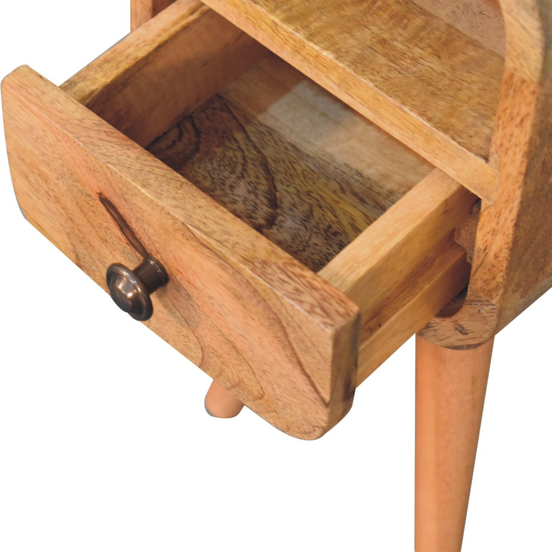 Brown Oak-Ish Solid Mango Wood Extra Mini Curve Open Slot Bedside Table with Drawer
