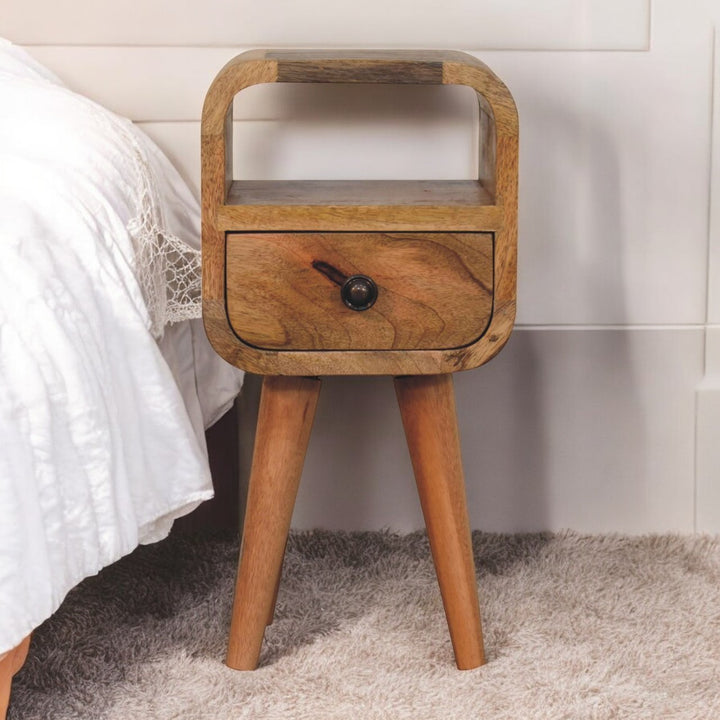 Brown Oak-Ish Solid Mango Wood Extra Mini Curve Open Slot Bedside Table with Drawer
