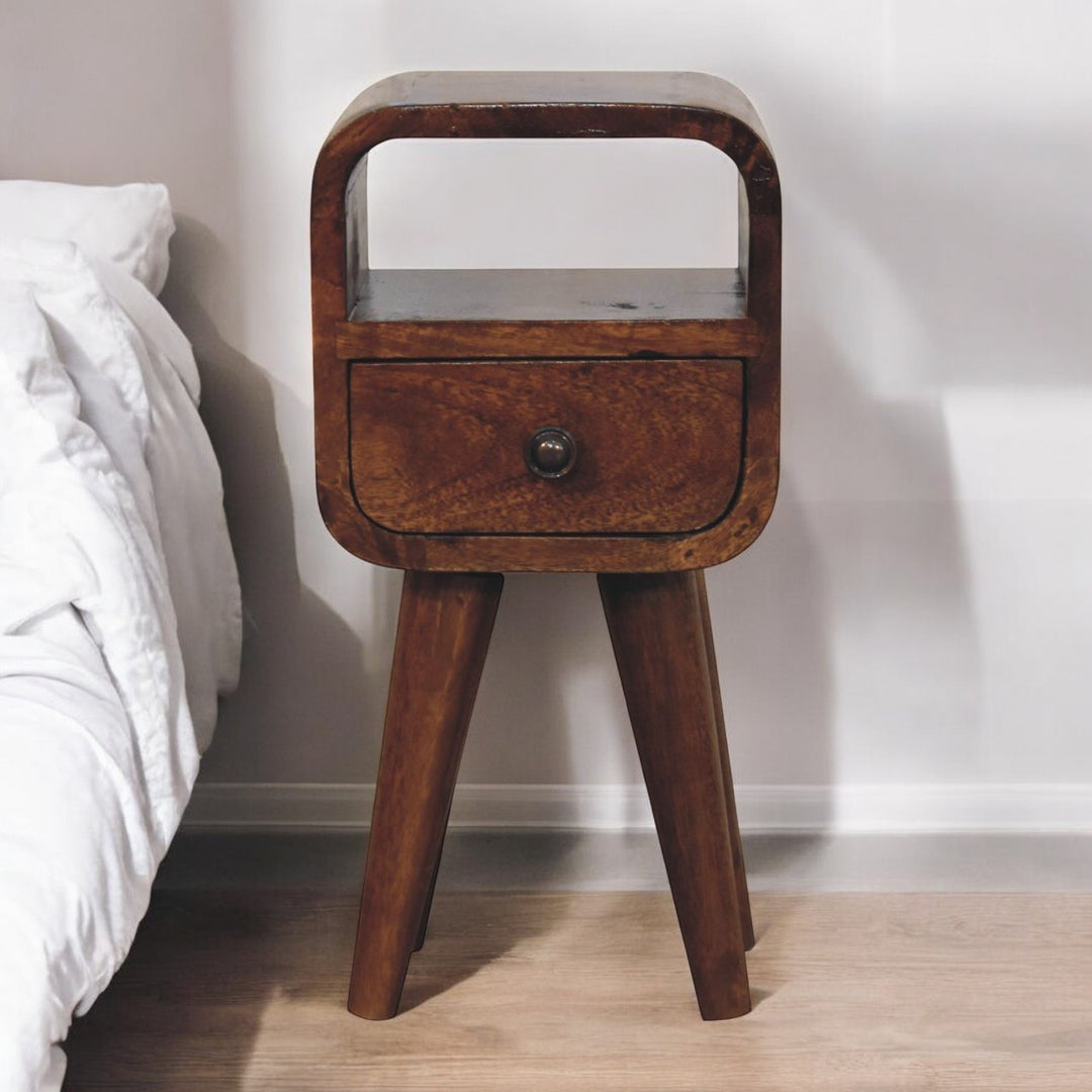 Brown Lacquered Chestnut Solid Mango Wood Extra Mini Wall-Mounted Bedside with Compact Drawer