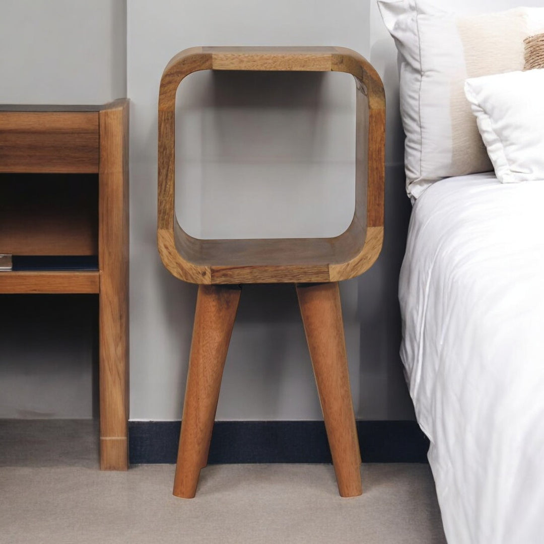 Beige Lacquered Chestnut Gold Solid Mango Wood Extra Mini Bedside with Brass Drawer & Nordic Legs