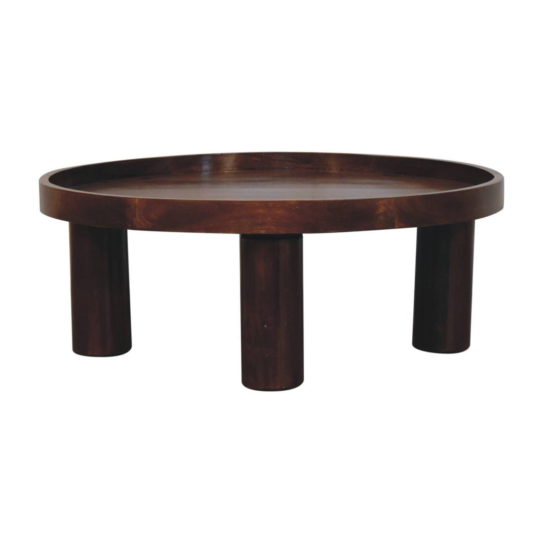 Solid Mango Wood Crescent Coffee Table with Circular Top & Cylindrical Legs | Chestnut Finish | 80 x 80 x 31 cm