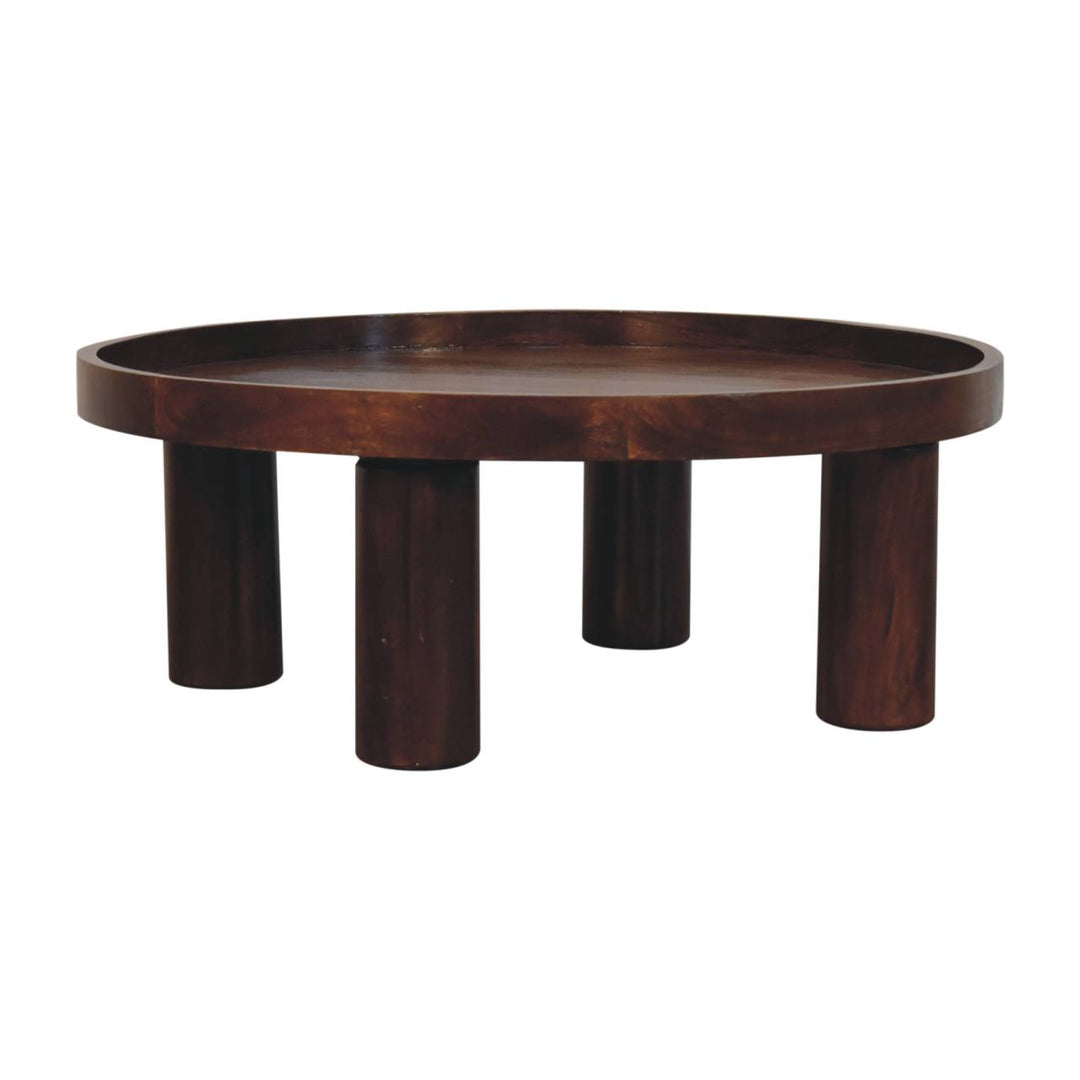 Solid Mango Wood Crescent Coffee Table with Circular Top & Cylindrical Legs | Chestnut Finish | 80 x 80 x 31 cm