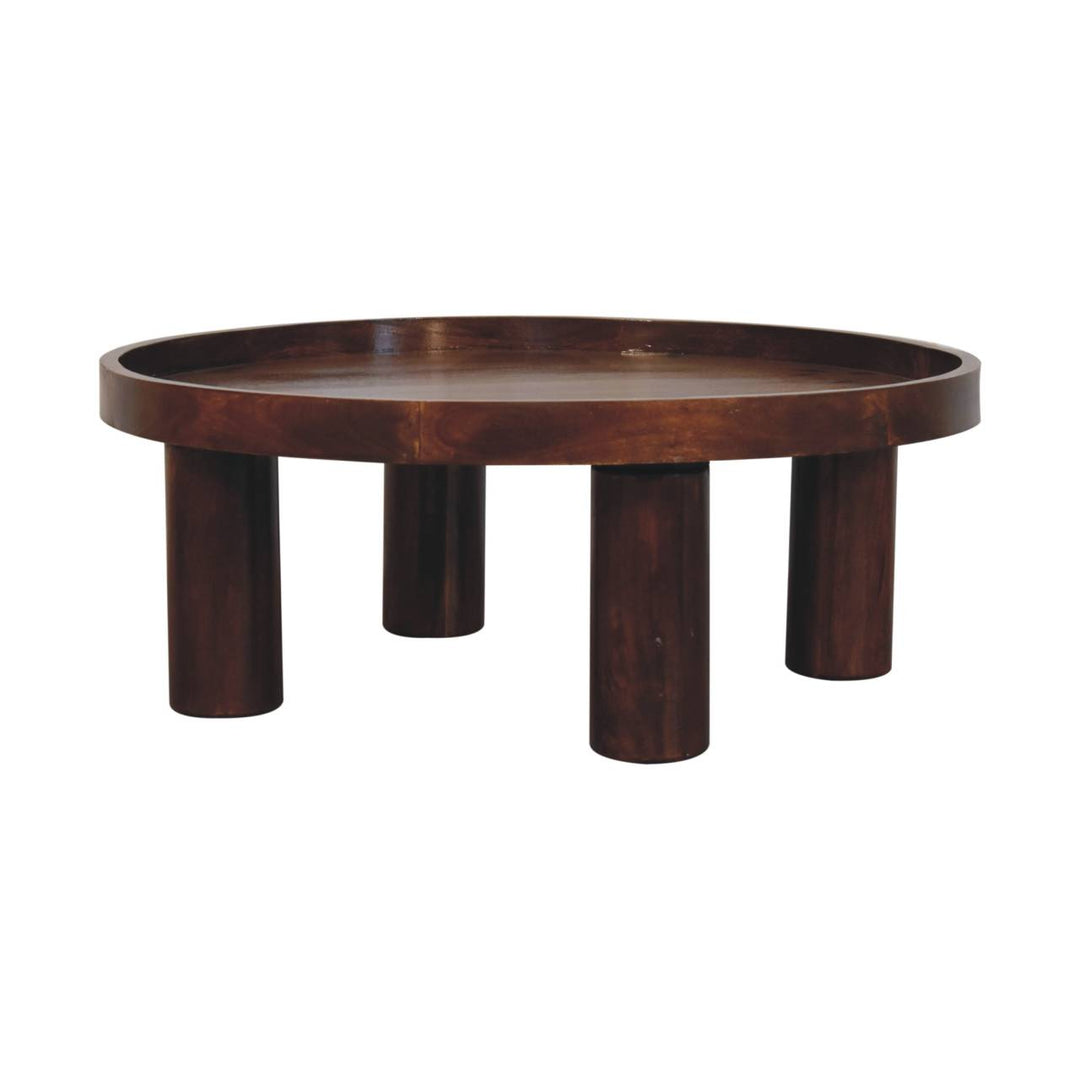 Solid Mango Wood Crescent Coffee Table with Circular Top & Cylindrical Legs | Chestnut Finish | 80 x 80 x 31 cm