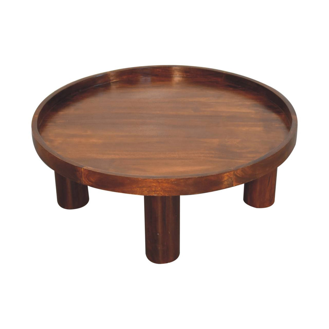 Solid Mango Wood Crescent Coffee Table with Circular Top & Cylindrical Legs | Chestnut Finish | 80 x 80 x 31 cm