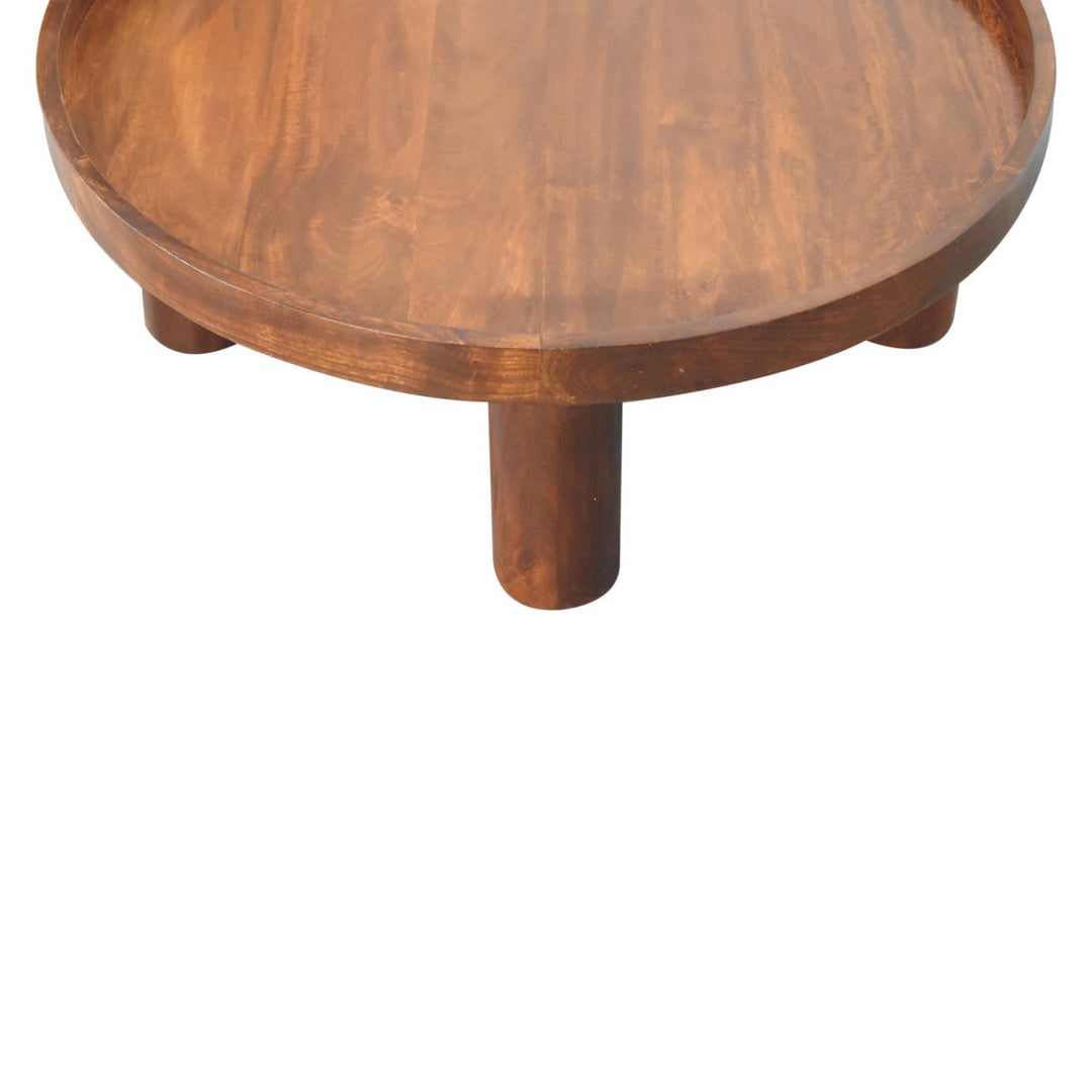 Solid Mango Wood Crescent Coffee Table with Circular Top & Cylindrical Legs | Chestnut Finish | 80 x 80 x 31 cm