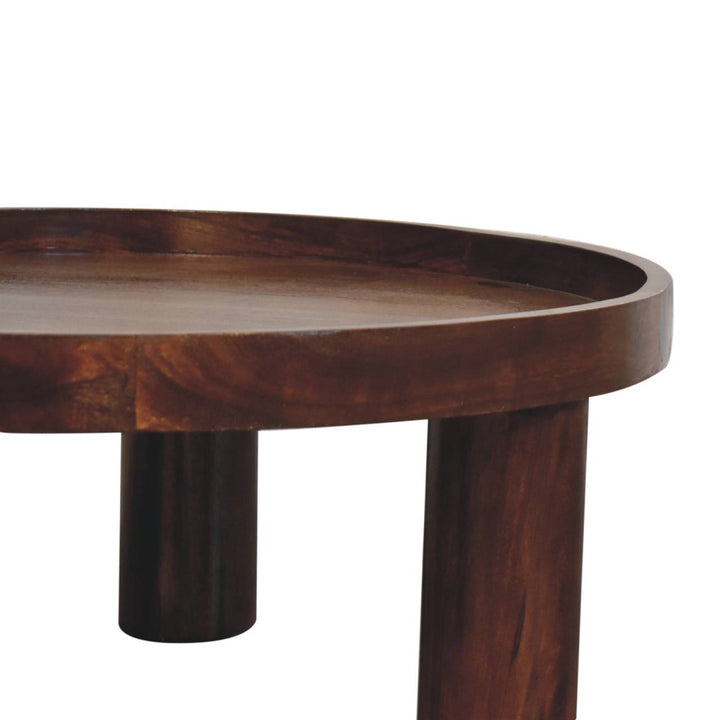 Solid Mango Wood Crescent Coffee Table with Circular Top & Cylindrical Legs | Chestnut Finish | 80 x 80 x 31 cm