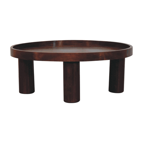 Solid Mango Wood Crescent Coffee Table with Circular Top & Cylindrical Legs | Chestnut Finish | 80 x 80 x 31 cm