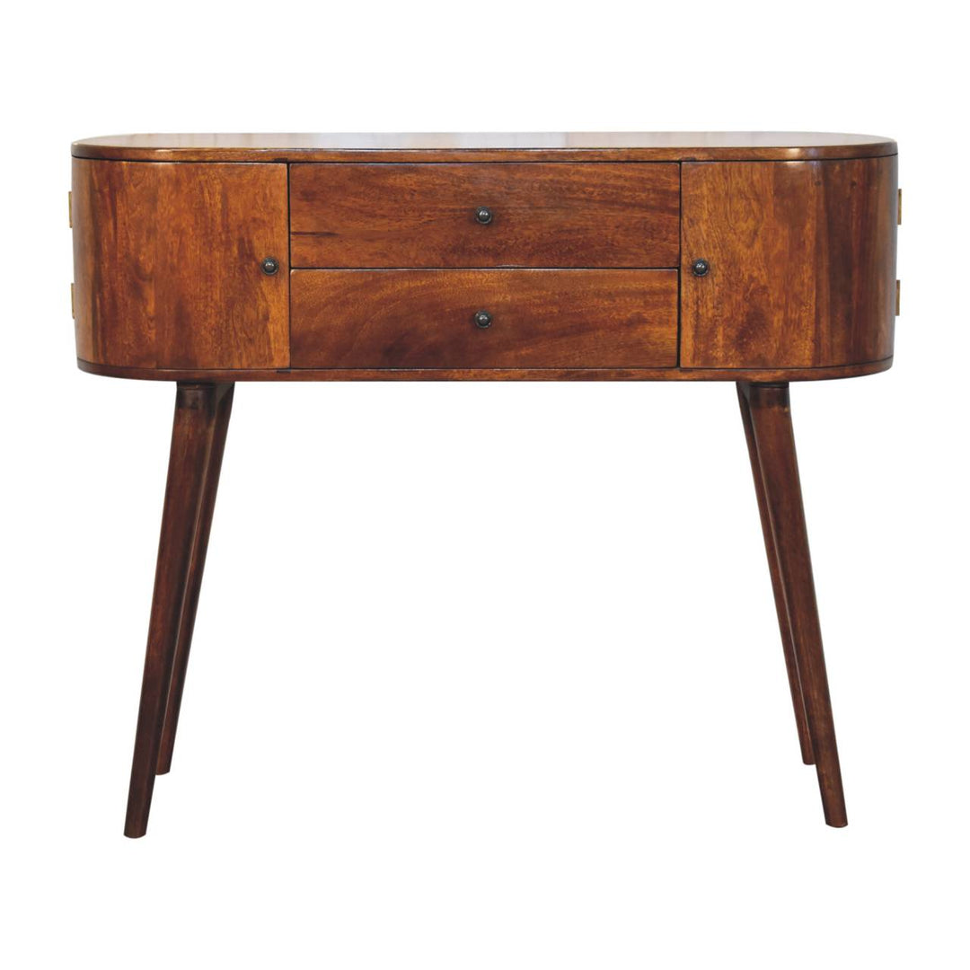 Brown Lacquered Chestnut Solid Mango Wood Console with 2 Centre Drawers & Side Cabinets
