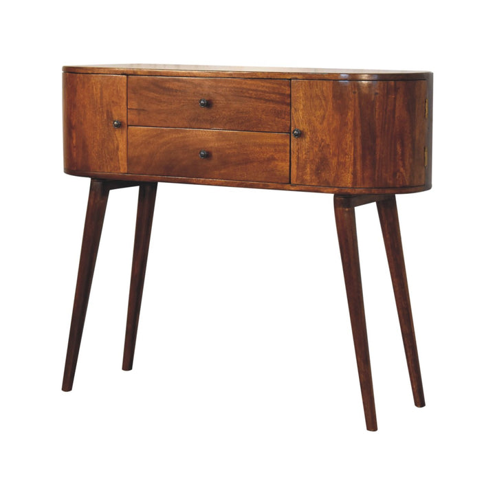 Brown Lacquered Chestnut Solid Mango Wood Console with 2 Centre Drawers & Side Cabinets