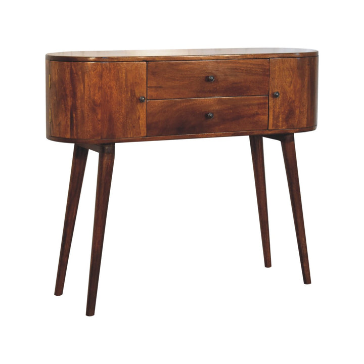 Brown Lacquered Chestnut Solid Mango Wood Console with 2 Centre Drawers & Side Cabinets