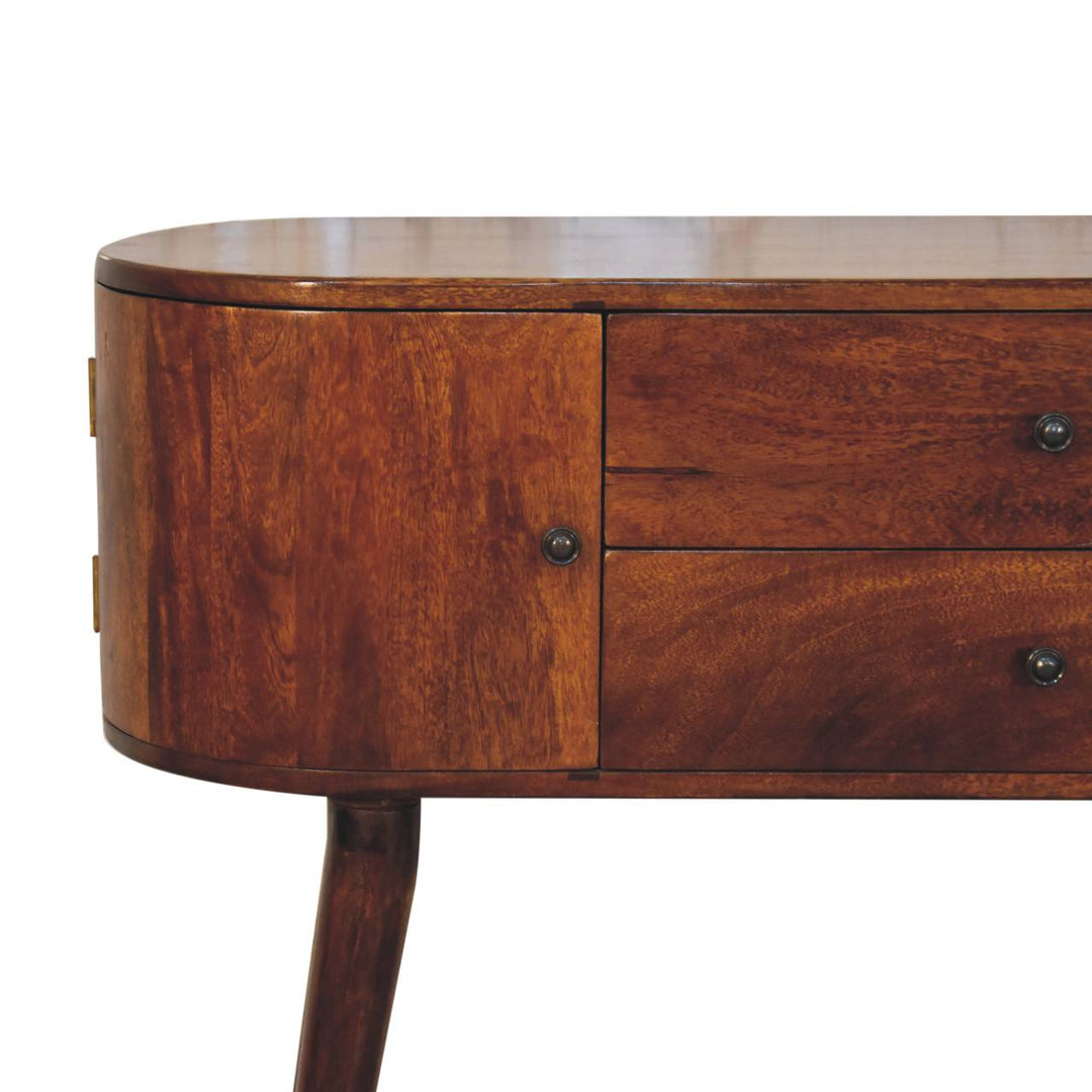 Brown Lacquered Chestnut Solid Mango Wood Console with 2 Centre Drawers & Side Cabinets