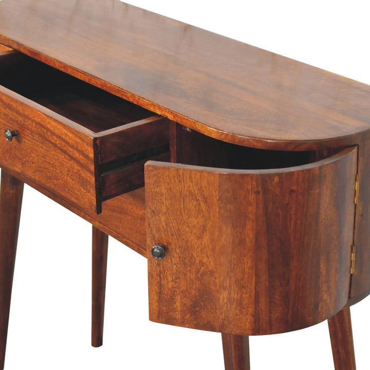 Brown Lacquered Chestnut Solid Mango Wood Console with 2 Centre Drawers & Side Cabinets