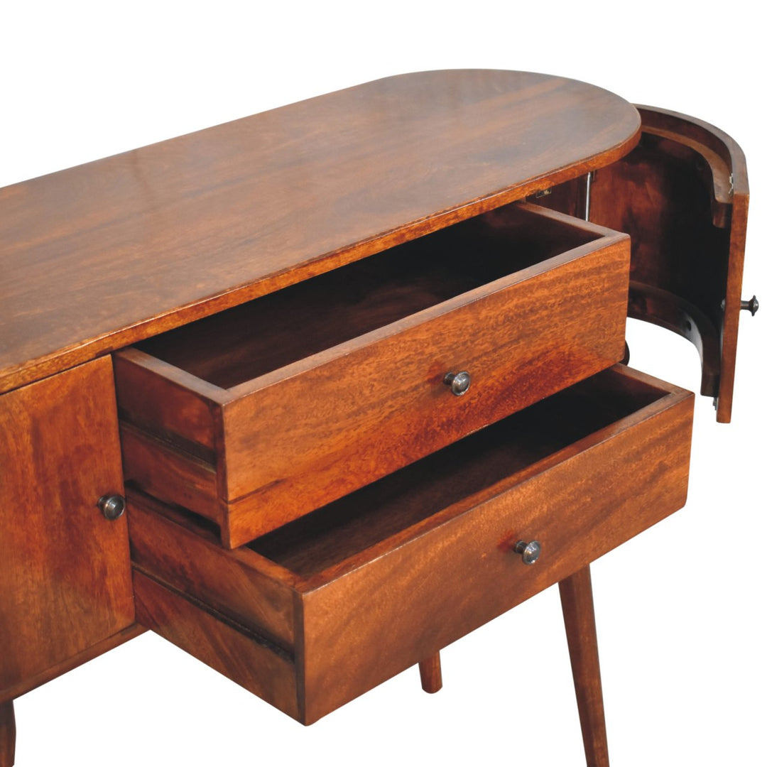 Brown Lacquered Chestnut Solid Mango Wood Console with 2 Centre Drawers & Side Cabinets