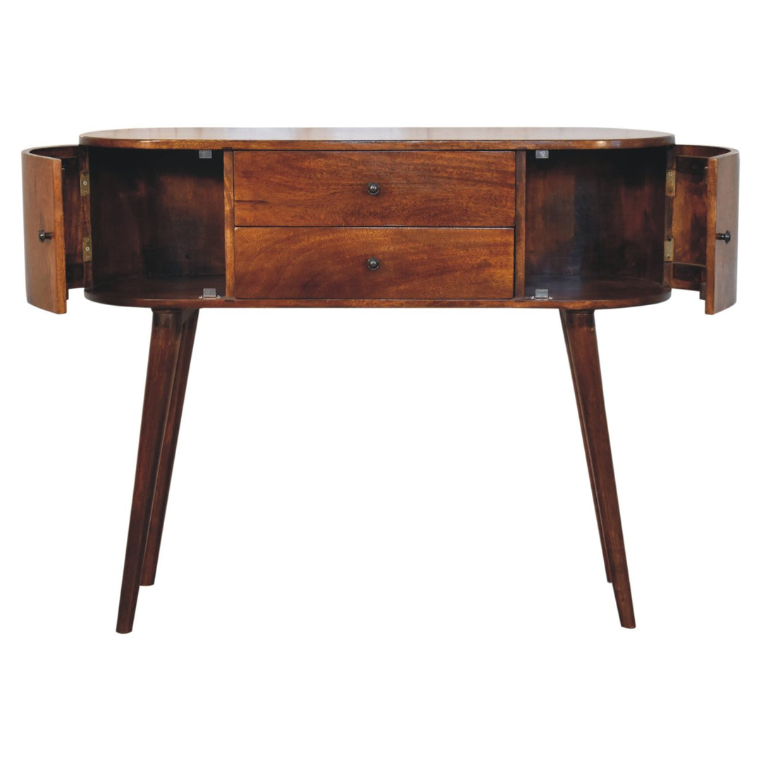 Brown Lacquered Chestnut Solid Mango Wood Console with 2 Centre Drawers & Side Cabinets