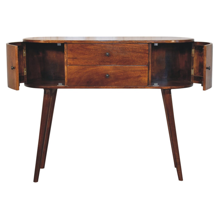 Brown Lacquered Chestnut Solid Mango Wood Console with 2 Centre Drawers & Side Cabinets