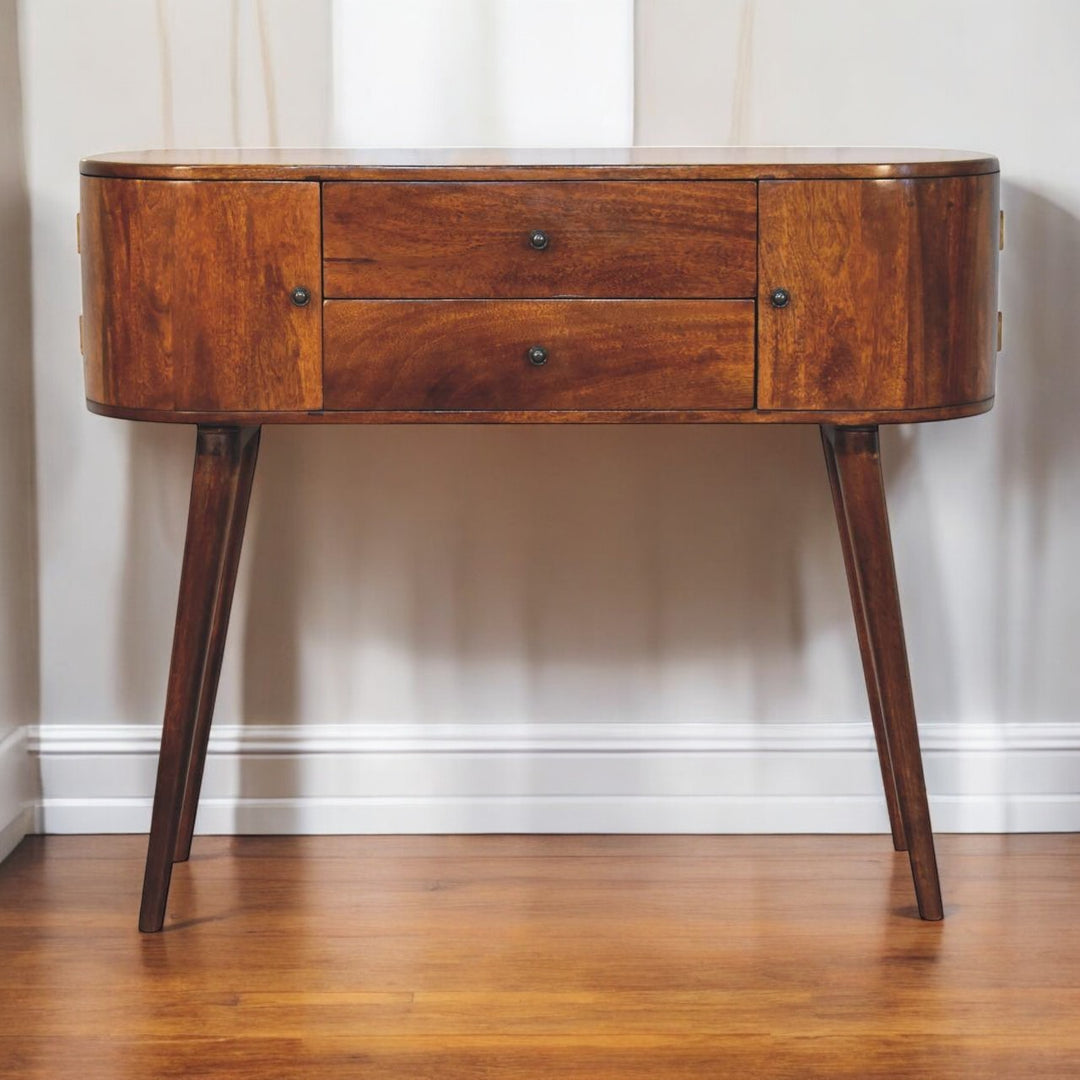 Brown Lacquered Chestnut Solid Mango Wood Console with 2 Centre Drawers & Side Cabinets