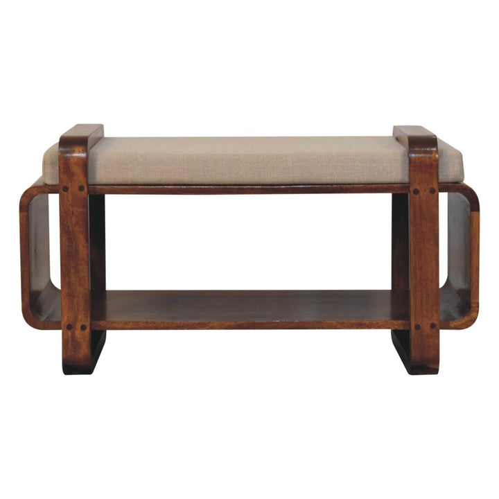 Chocolate Brown Lacquered Solid Mango Wood Loop Chestnut Bench with Mud Linen Seat
