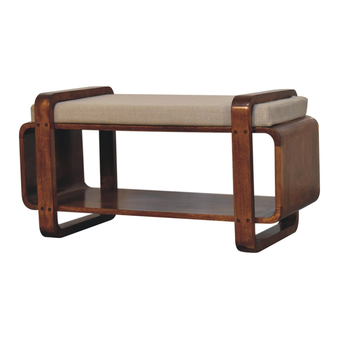 Chocolate Brown Lacquered Solid Mango Wood Loop Chestnut Bench with Mud Linen Seat