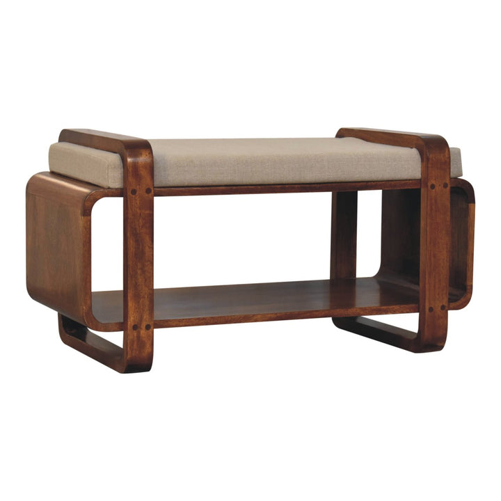 Chocolate Brown Lacquered Solid Mango Wood Loop Chestnut Bench with Mud Linen Seat
