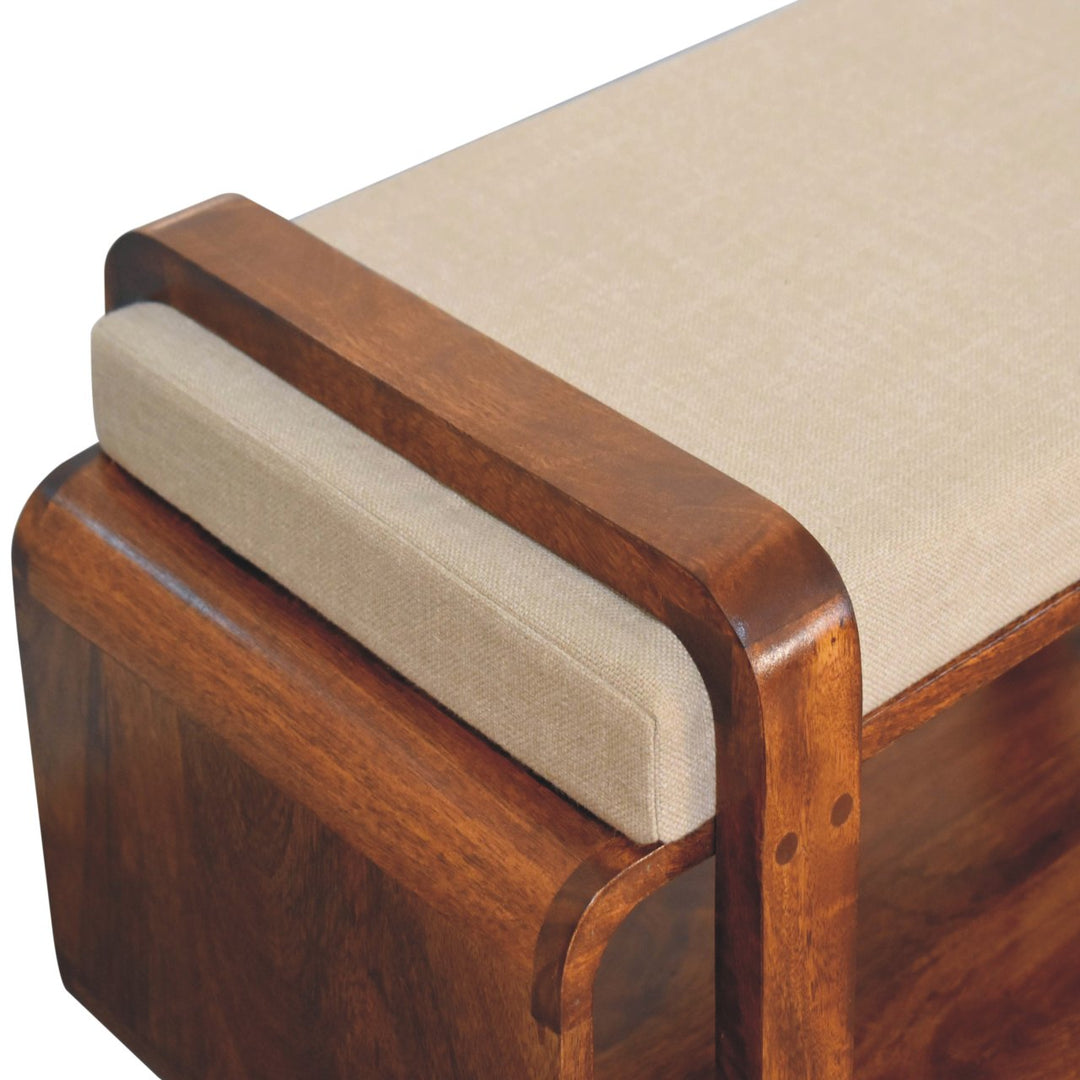 Chocolate Brown Lacquered Solid Mango Wood Loop Chestnut Bench with Mud Linen Seat