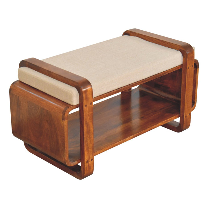 Chocolate Brown Lacquered Solid Mango Wood Loop Chestnut Bench with Mud Linen Seat