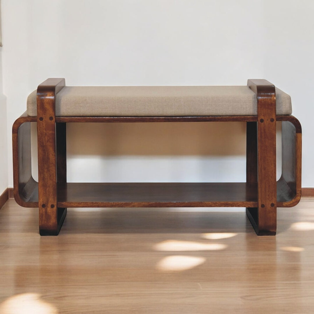 Chocolate Brown Lacquered Solid Mango Wood Loop Chestnut Bench with Mud Linen Seat