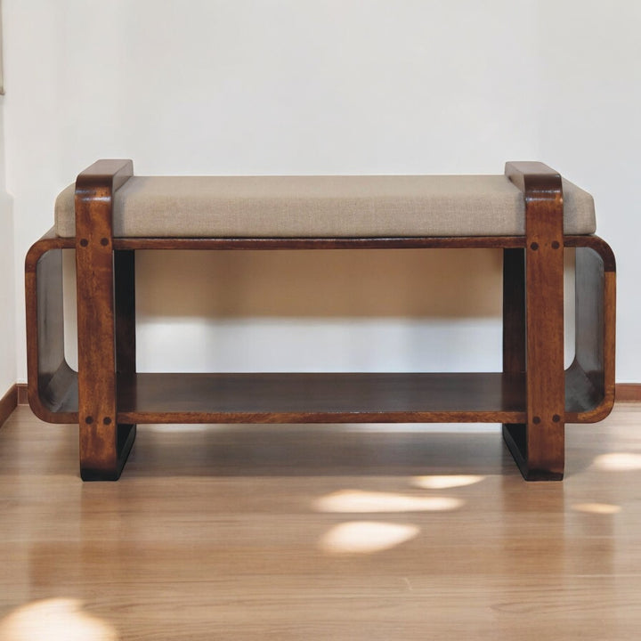 Chocolate Brown Lacquered Solid Mango Wood Loop Chestnut Bench with Mud Linen Seat