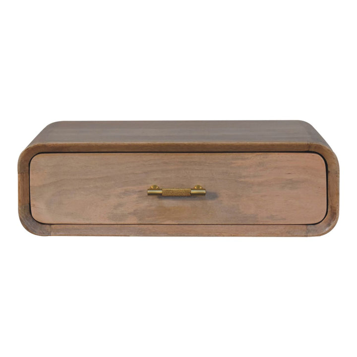 Brown Lacquered Oak-Finish Solid Mango Wood Wall-Mounted Floating Bedside with T-Handle Drawer