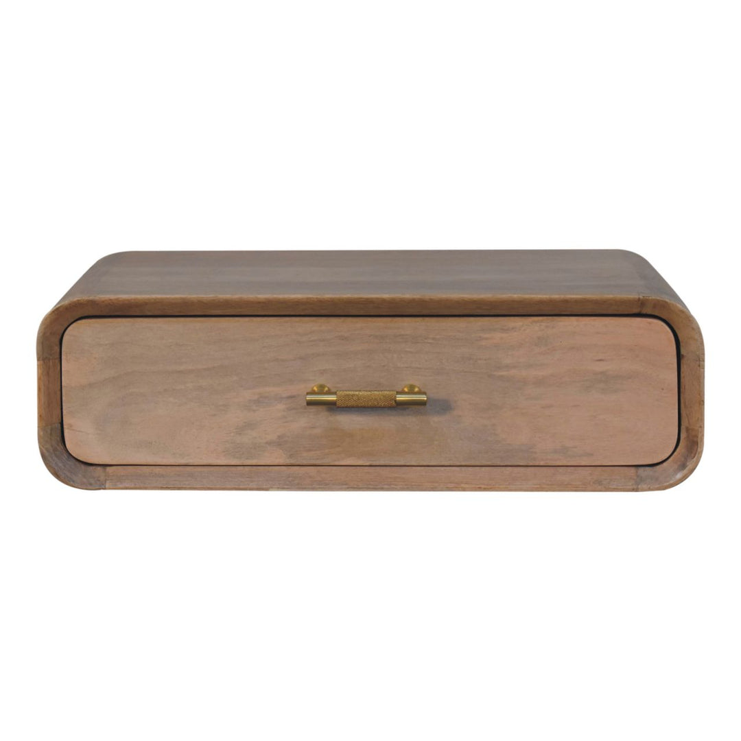 Brown Lacquered Oak-Finish Solid Mango Wood Wall-Mounted Floating Bedside with T-Handle Drawer