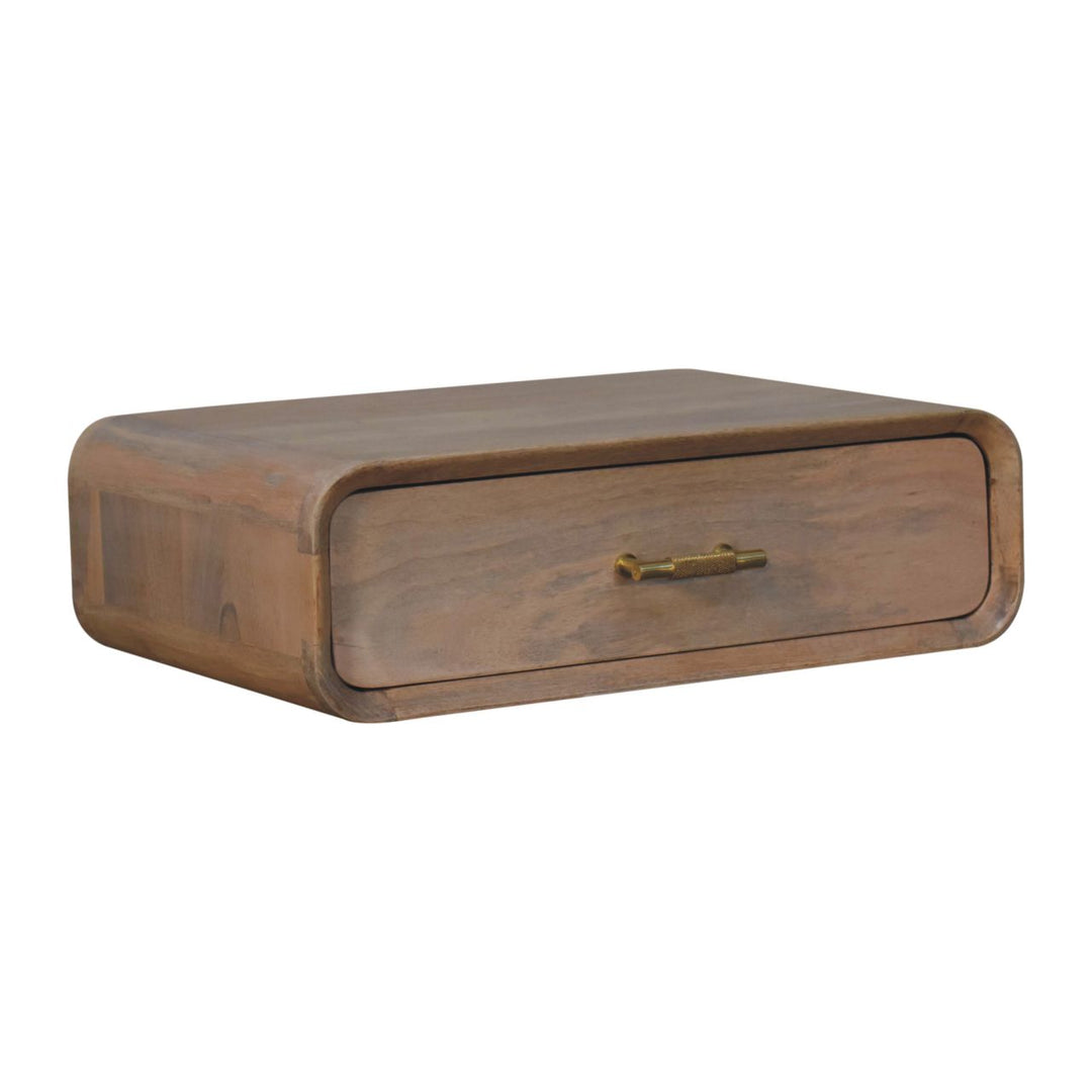 Brown Lacquered Oak-Finish Solid Mango Wood Wall-Mounted Floating Bedside with T-Handle Drawer